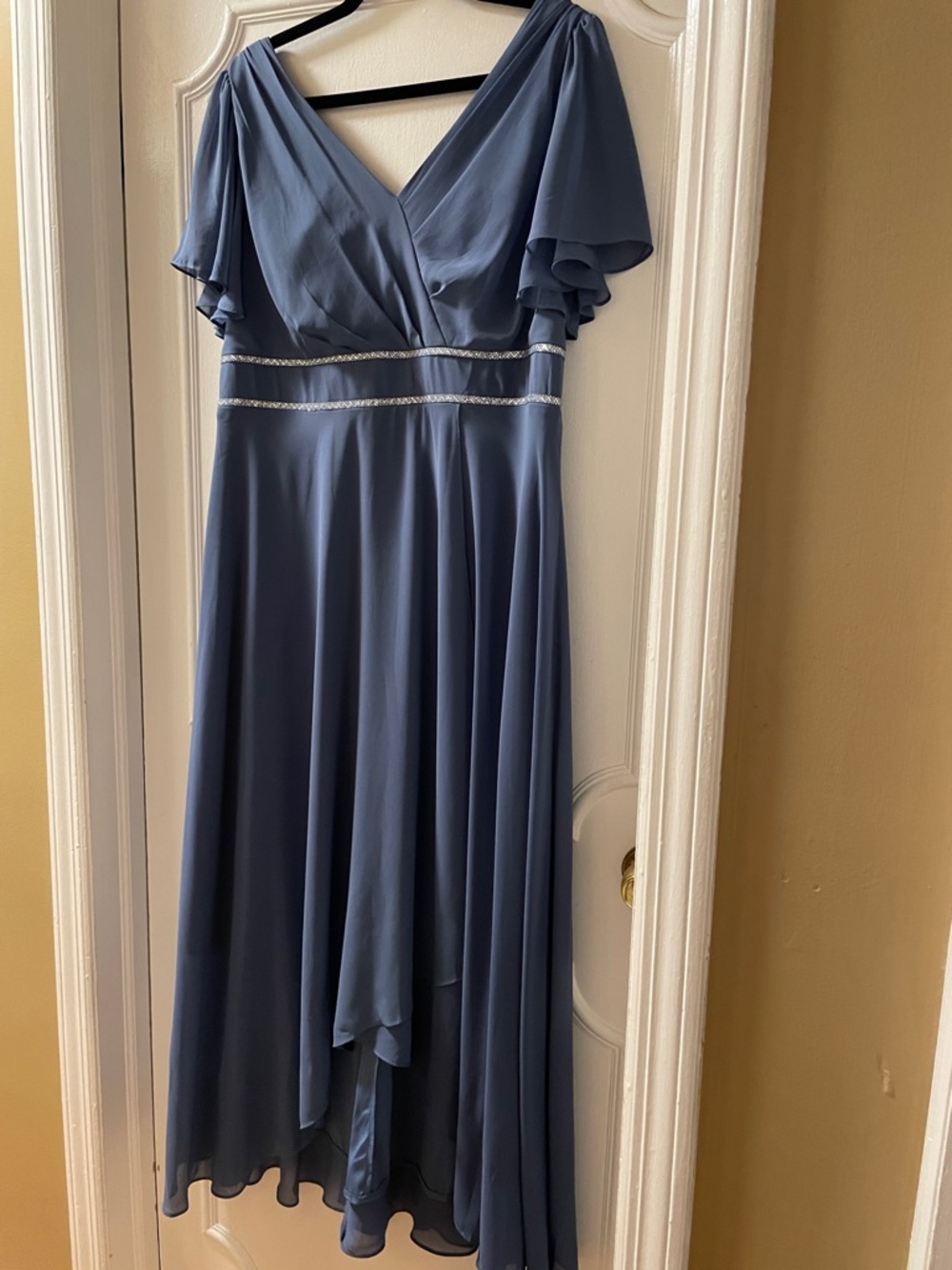 Ever Pretty Slate Blue High-Low V-Neck Evening Dress. Empire waist, rhinestones.